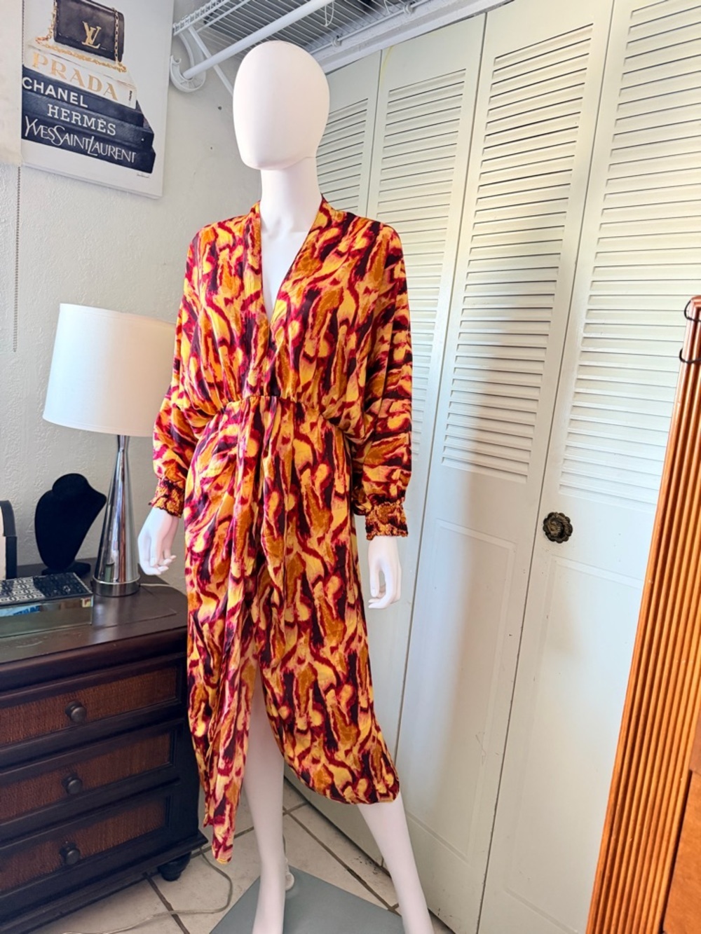 Vibrant Abstract Print Long Sleeve  Dress - Red & Yellow GOLD&SILVER PARIS T1